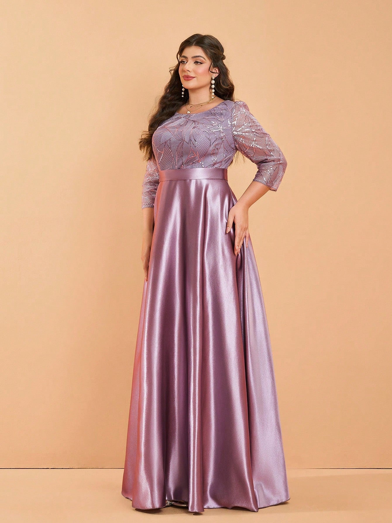 Plus Size Long Sleeve Round Neck Sequin & Satin Patchwork Maxi Length Dress, Formal, Party Dress, Gown, For Evening, Wedding Guest Spring