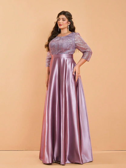 Plus Size Long Sleeve Round Neck Sequin & Satin Patchwork Maxi Length Dress, Formal, Party Dress, Gown, For Evening, Wedding Guest Spring