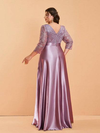 Plus Size Long Sleeve Round Neck Sequin & Satin Patchwork Maxi Length Dress, Formal, Party Dress, Gown, For Evening, Wedding Guest Spring