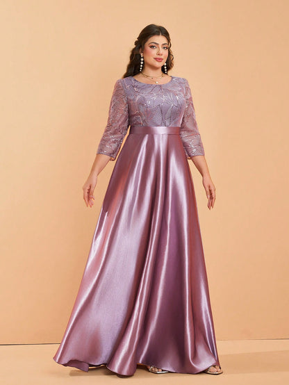 Plus Size Long Sleeve Round Neck Sequin & Satin Patchwork Maxi Length Dress, Formal, Party Dress, Gown, For Evening, Wedding Guest Spring