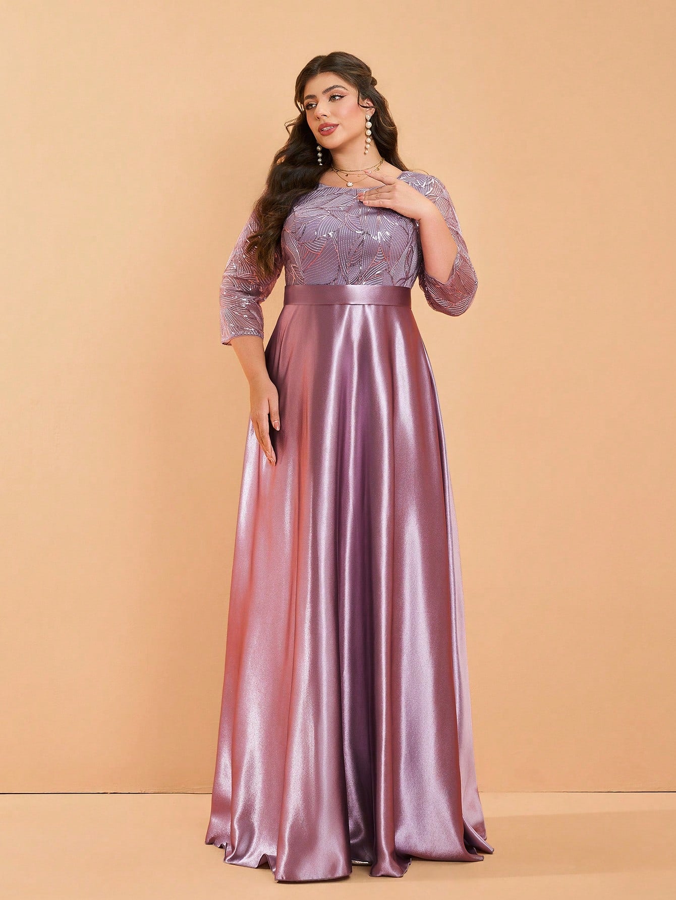 Plus Size Long Sleeve Round Neck Sequin & Satin Patchwork Maxi Length Dress, Formal, Party Dress, Gown, For Evening, Wedding Guest Spring