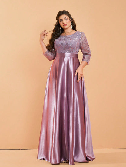 Plus Size Long Sleeve Round Neck Sequin & Satin Patchwork Maxi Length Dress, Formal, Party Dress, Gown, For Evening, Wedding Guest Spring