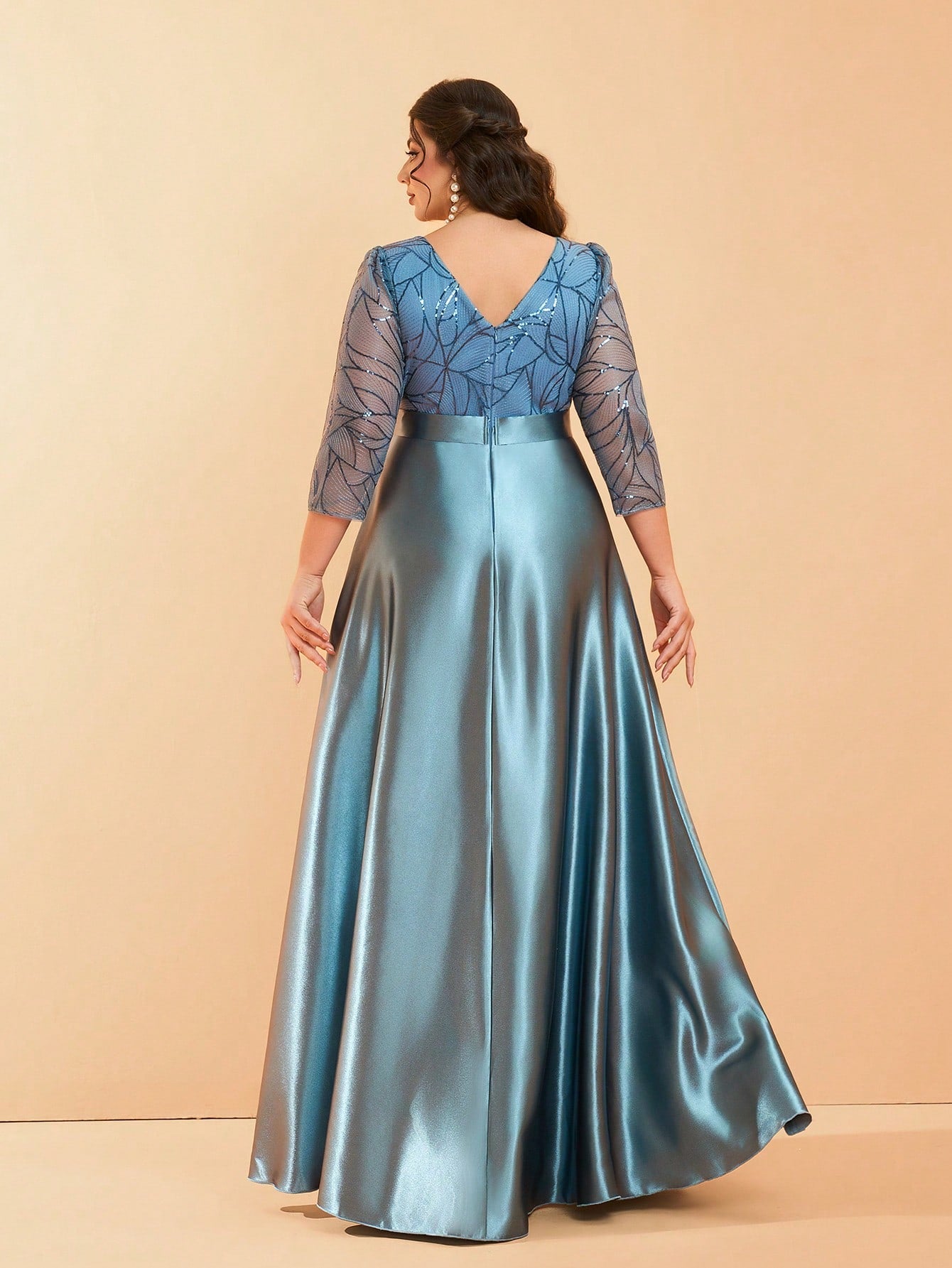 Plus Size Long Sleeve Round Neck Sequin & Satin Patchwork Maxi Length Dress, Formal, Party Dress, Gown, For Evening, Wedding Guest Spring