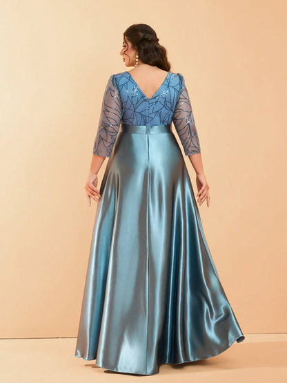 Plus Size Long Sleeve Round Neck Sequin & Satin Patchwork Maxi Length Dress, Formal, Party Dress, Gown, For Evening, Wedding Guest Spring