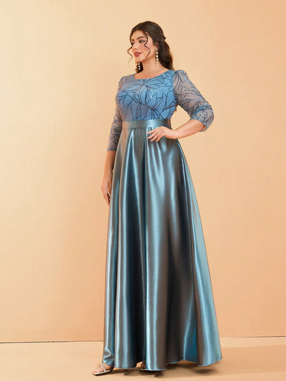 Plus Size Long Sleeve Round Neck Sequin & Satin Patchwork Maxi Length Dress, Formal, Party Dress, Gown, For Evening, Wedding Guest Spring
