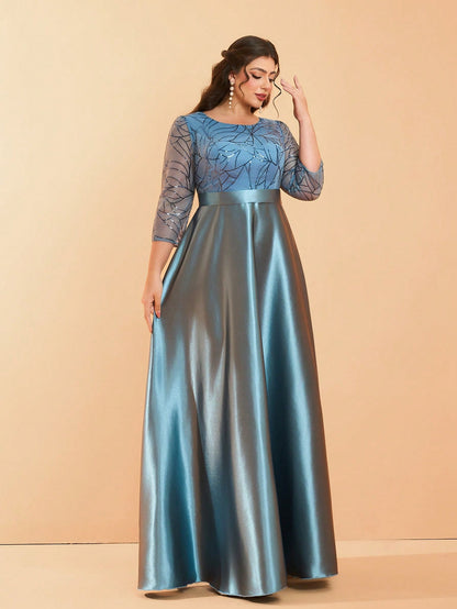 Plus Size Long Sleeve Round Neck Sequin & Satin Patchwork Maxi Length Dress, Formal, Party Dress, Gown, For Evening, Wedding Guest Spring