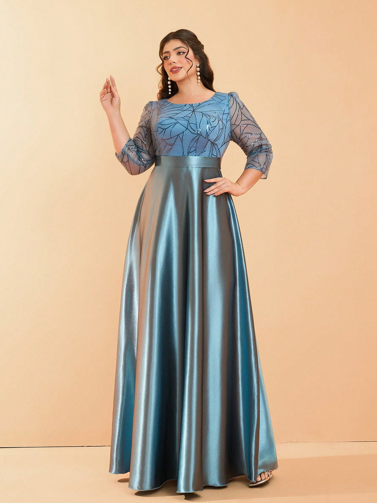 Plus Size Long Sleeve Round Neck Sequin & Satin Patchwork Maxi Length Dress, Formal, Party Dress, Gown, For Evening, Wedding Guest Spring