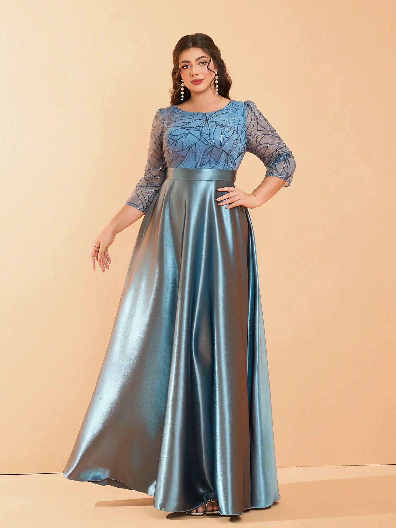 Plus Size Long Sleeve Round Neck Sequin & Satin Patchwork Maxi Length Dress, Formal, Party Dress, Gown, For Evening, Wedding Guest Spring