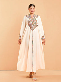 Plus Size New Arrival V-Neck Mature Large Women's Arabic Burqa Embroidery Long Sleeve Modest Abaya