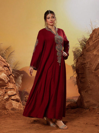 Plus Size New Arrival Stand-Up Collar Elegant Faux Pearls Beaded Large Women's Arabic Burqa Long Sleeve Modest Abaya