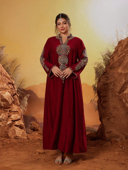 Plus Size New Arrival Stand-Up Collar Elegant Faux Pearls Beaded Large Women's Arabic Burqa Long Sleeve Modest Abaya