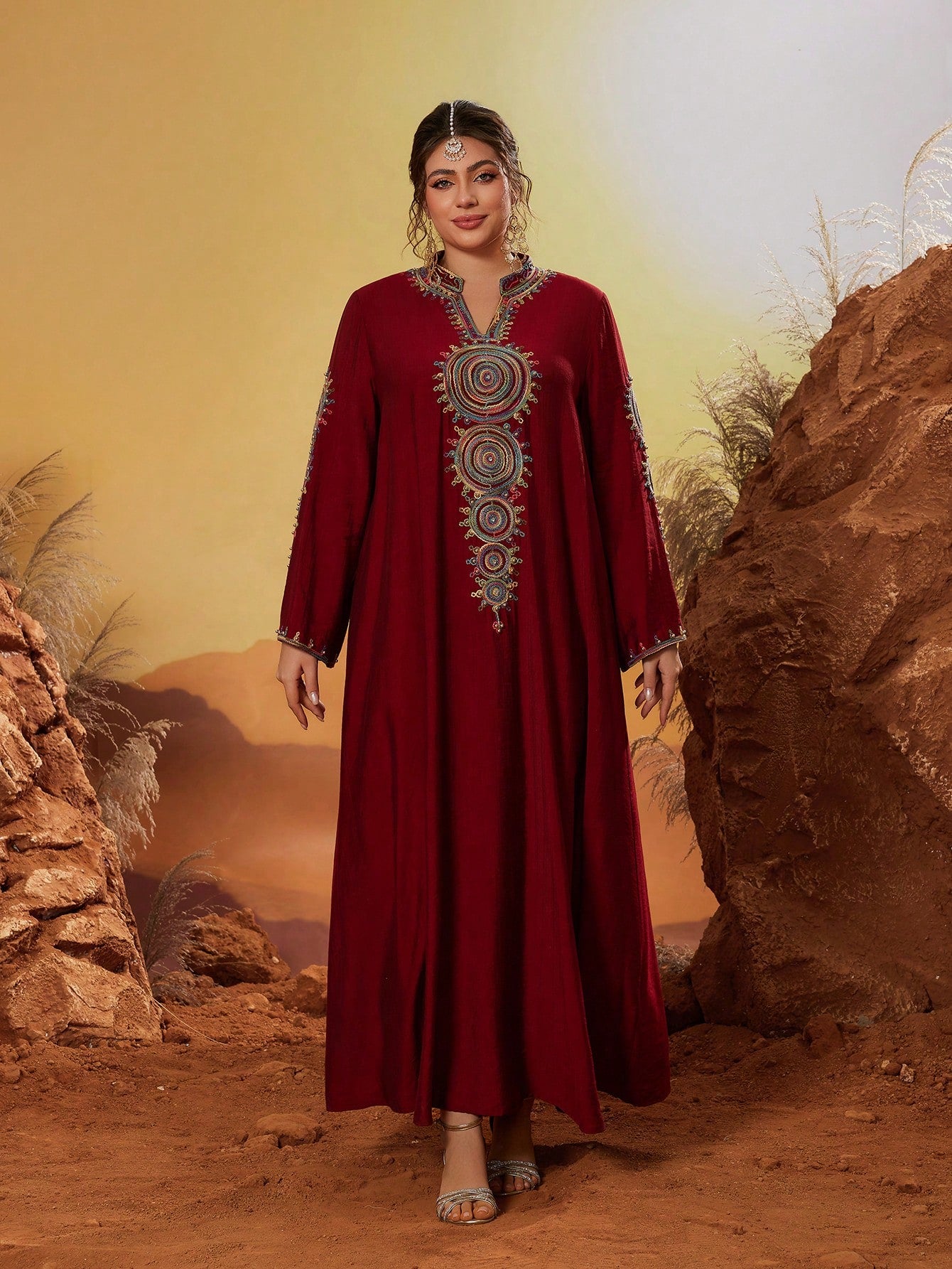 Plus Size New Arrival Stand-Up Collar Elegant Faux Pearls Beaded Large Women's Arabic Burqa Long Sleeve Modest Abaya