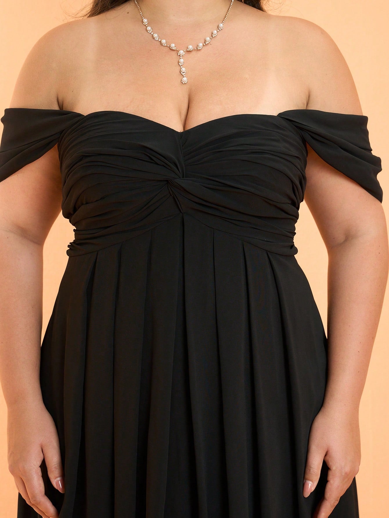 New Open Shoulder Plus Size Bridesmaid Dress, Romantic Ruffle Chiffon Maxi Dress Party Wedding Black