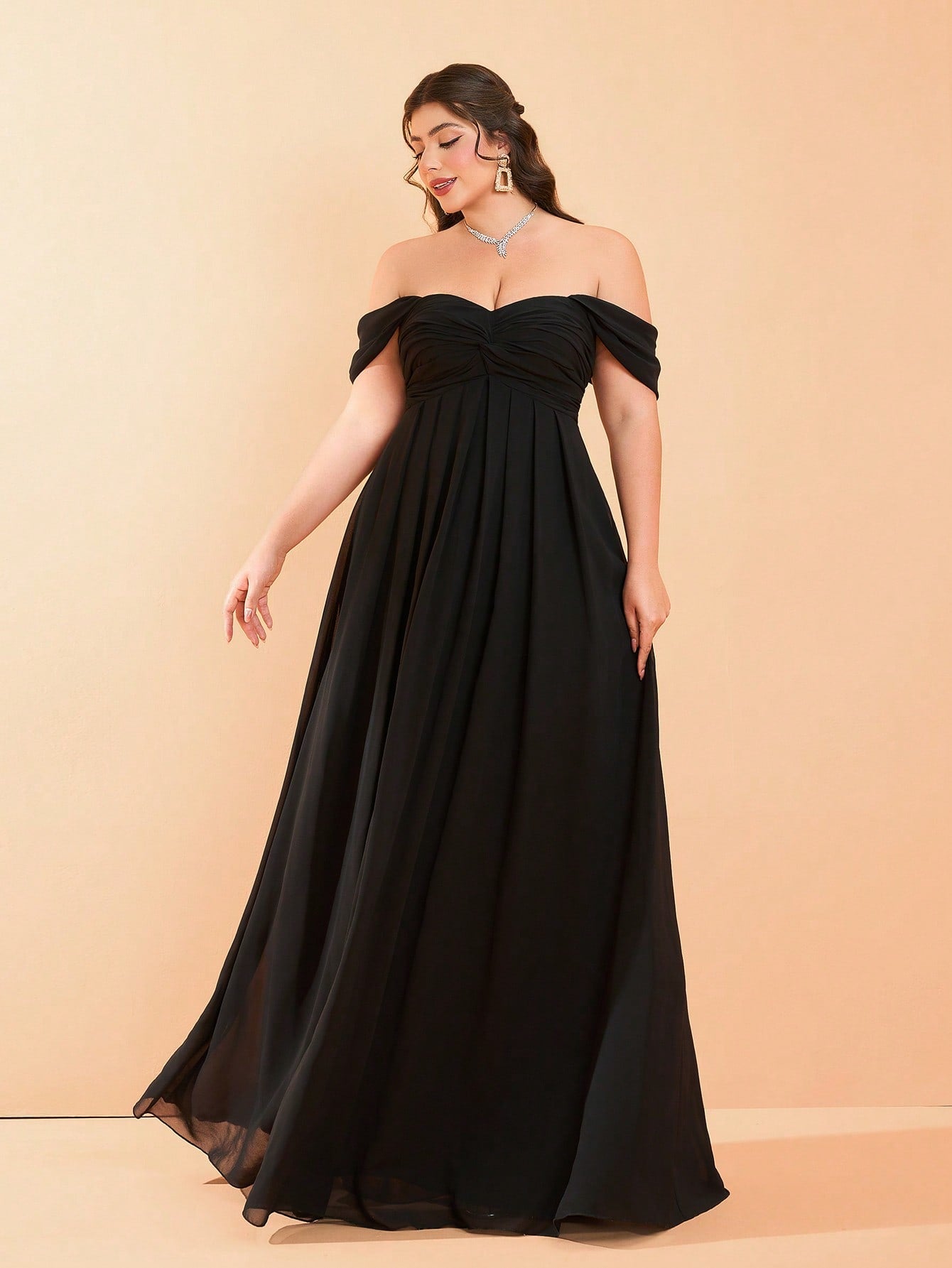 New Open Shoulder Plus Size Bridesmaid Dress, Romantic Ruffle Chiffon Maxi Dress Party Wedding Black