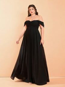 New Open Shoulder Plus Size Bridesmaid Dress, Romantic Ruffle Chiffon Maxi Dress Party Wedding Black