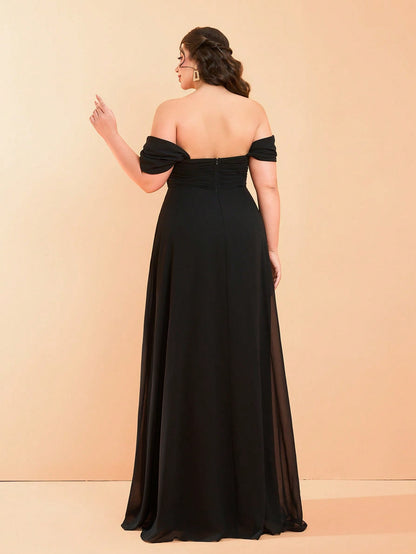 New Open Shoulder Plus Size Bridesmaid Dress, Romantic Ruffle Chiffon Maxi Dress Party Wedding Black