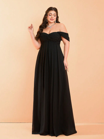 New Open Shoulder Plus Size Bridesmaid Dress, Romantic Ruffle Chiffon Maxi Dress Party Wedding Black