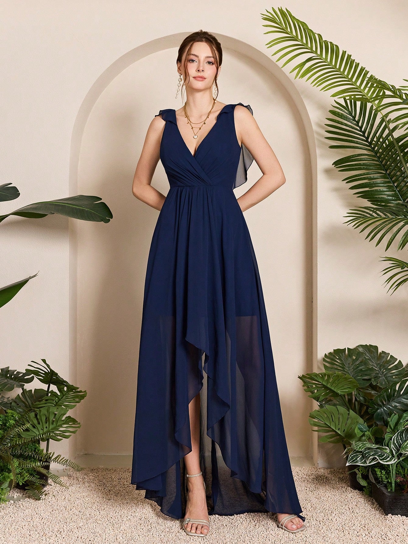 Asymmetric Ruffle Chiffon Elegant Bridesmaid Dress Wedding