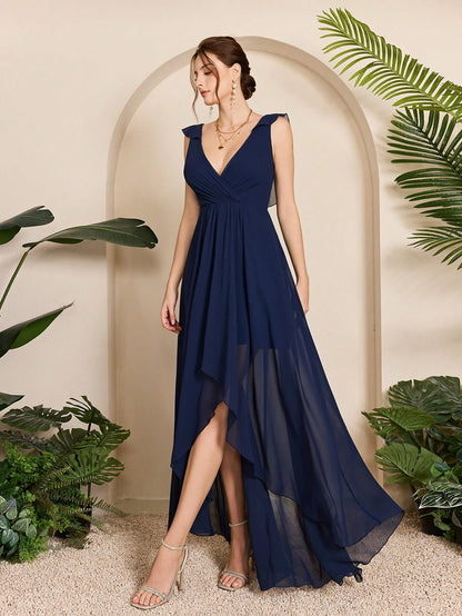 Asymmetric Ruffle Chiffon Elegant Bridesmaid Dress Wedding