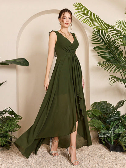 Asymmetric Ruffle Chiffon Elegant Bridesmaid Dress Wedding