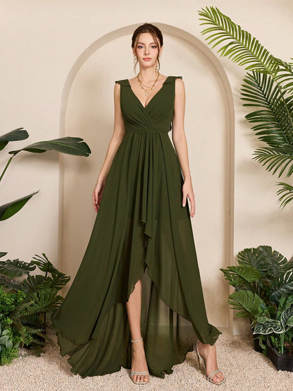 Asymmetrical Ruched Chiffon Elegant Bridesmaid Dress Wedding