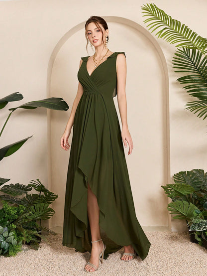 Asymmetric Ruffle Chiffon Elegant Bridesmaid Dress Wedding