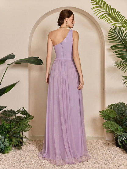 Asymmetrical One Shoulder Pleated Bust & Hollow Waist High Split A-Line Mesh Dress, Bridesmaid Dress Wedding Spring