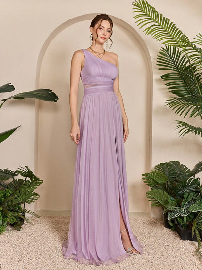 Asymmetrical One Shoulder Pleated Bust & Hollow Waist High Split A-Line Mesh Dress, Bridesmaid Dress Wedding Spring