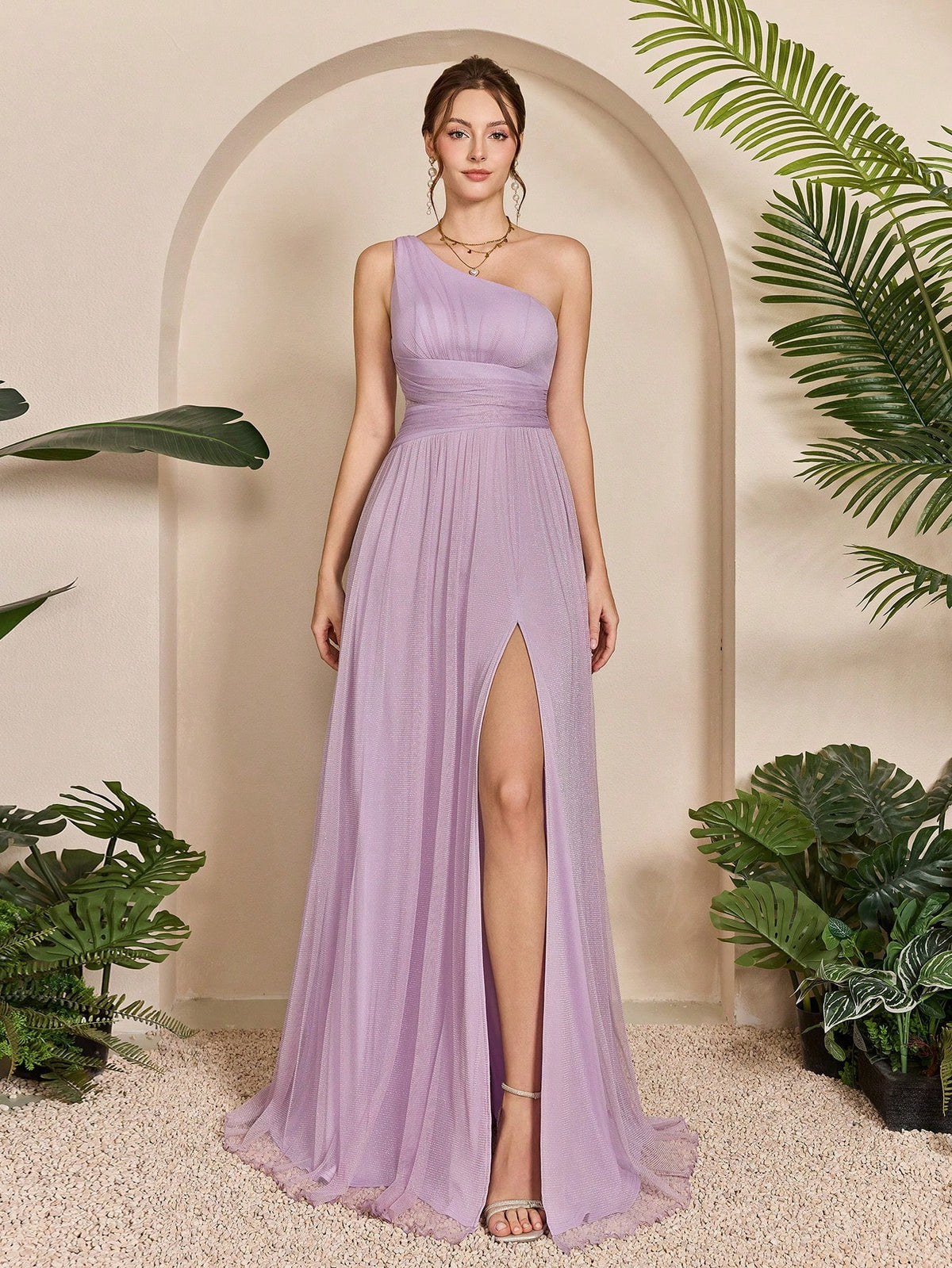 Asymmetrical One Shoulder Pleated Bust & Hollow Waist High Split A-Line Mesh Dress, Bridesmaid Dress Wedding Spring