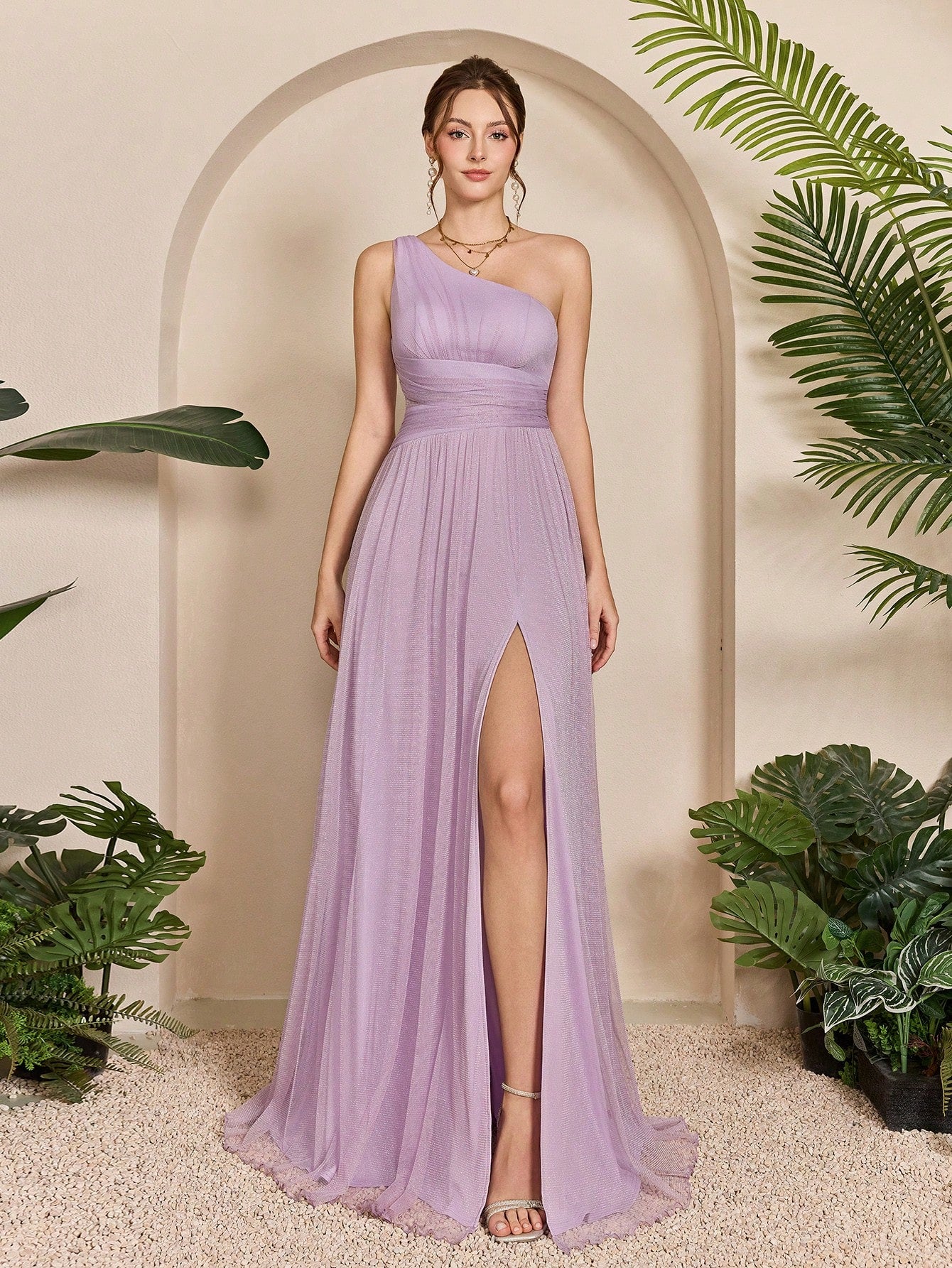 Asymmetrical One Shoulder Pleated Bust & Hollow Waist High Split A-Line Mesh Dress, Bridesmaid Dress Wedding Spring