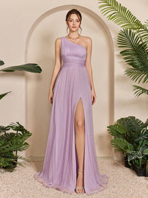 Asymmetrical One Shoulder Pleated Bust & Hollow Waist High Split A-Line Mesh Dress, Bridesmaid Dress Wedding Spring