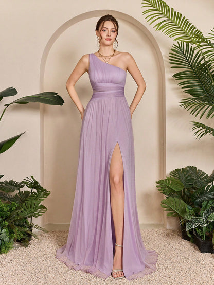 Asymmetrical Neck Draped Bust, Hollow Waist, High Slit A-Line Long Chiffon Dress, Bridesmaid Dress Wedding Spring