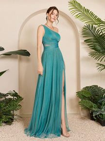 Asymmetrical One Shoulder Pleated Bust & Hollow Waist High Split A-Line Mesh Dress, Bridesmaid Dress Wedding Spring