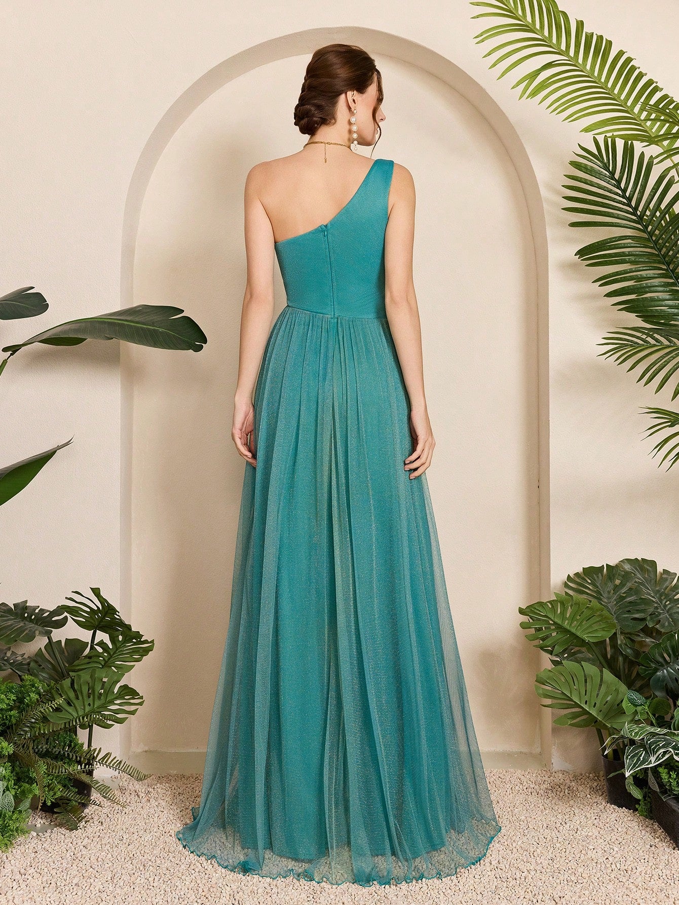 Asymmetrical One Shoulder Pleated Bust & Hollow Waist High Split A-Line Mesh Dress, Bridesmaid Dress Wedding Spring