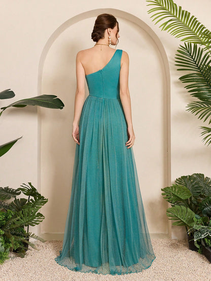Asymmetrical One Shoulder Pleated Bust & Hollow Waist High Split A-Line Mesh Dress, Bridesmaid Dress Wedding Spring