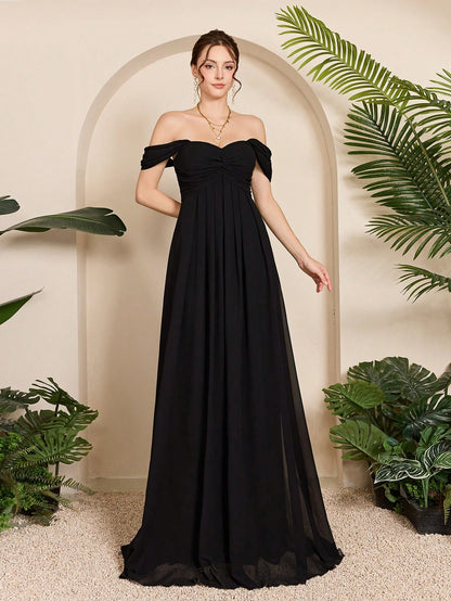 Women Elegant Black Fall Winter Off Shoulder Romantic Bridesmaid Gown, Ruched Ruffle Chiffon A-Line Length Maxi Dress For Wedding Dinner Party Prom