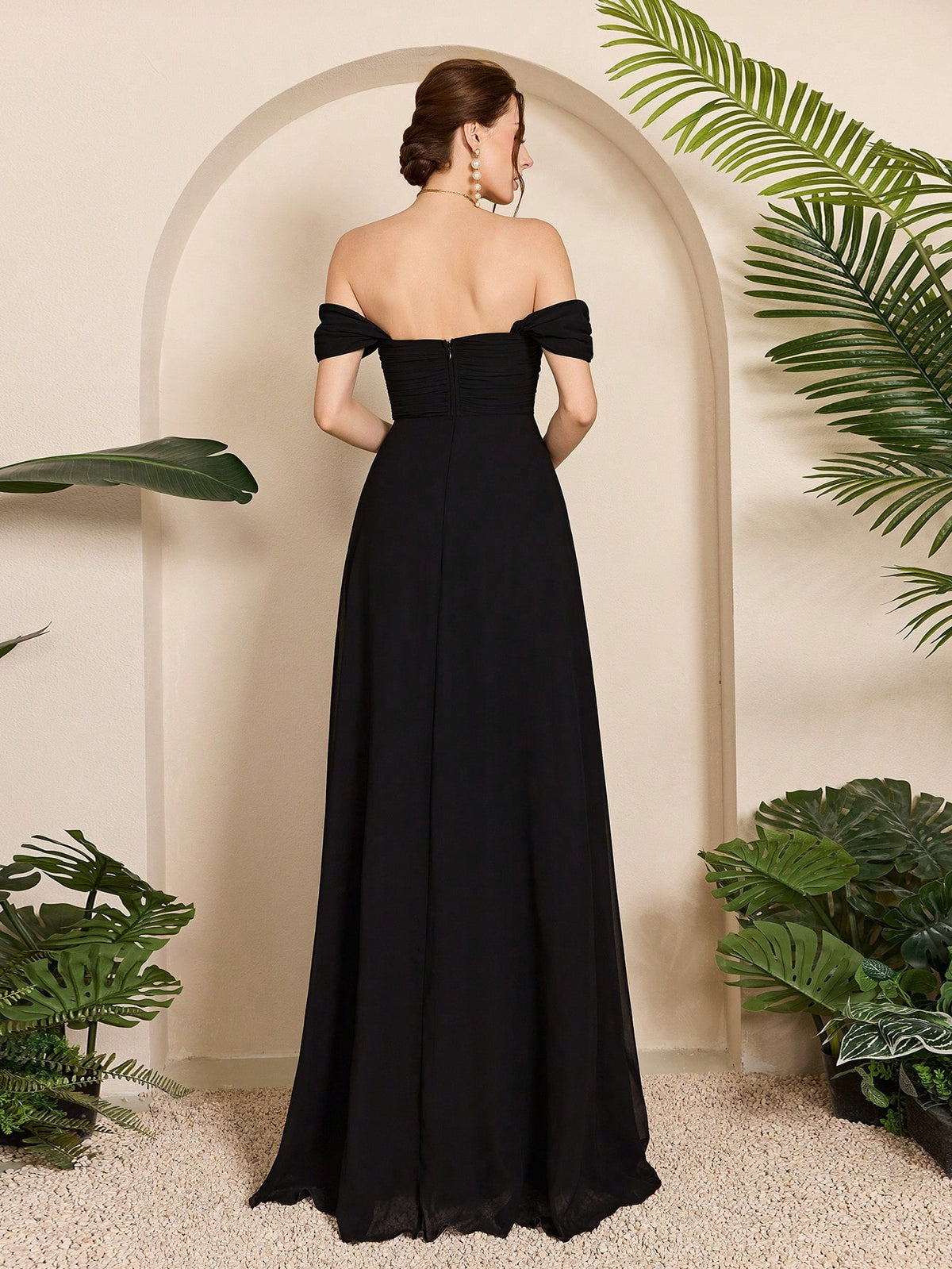Women Elegant Black Fall Winter Off Shoulder Romantic Bridesmaid Gown, Ruched Ruffle Chiffon A-Line Length Maxi Dress For Wedding Dinner Party Prom