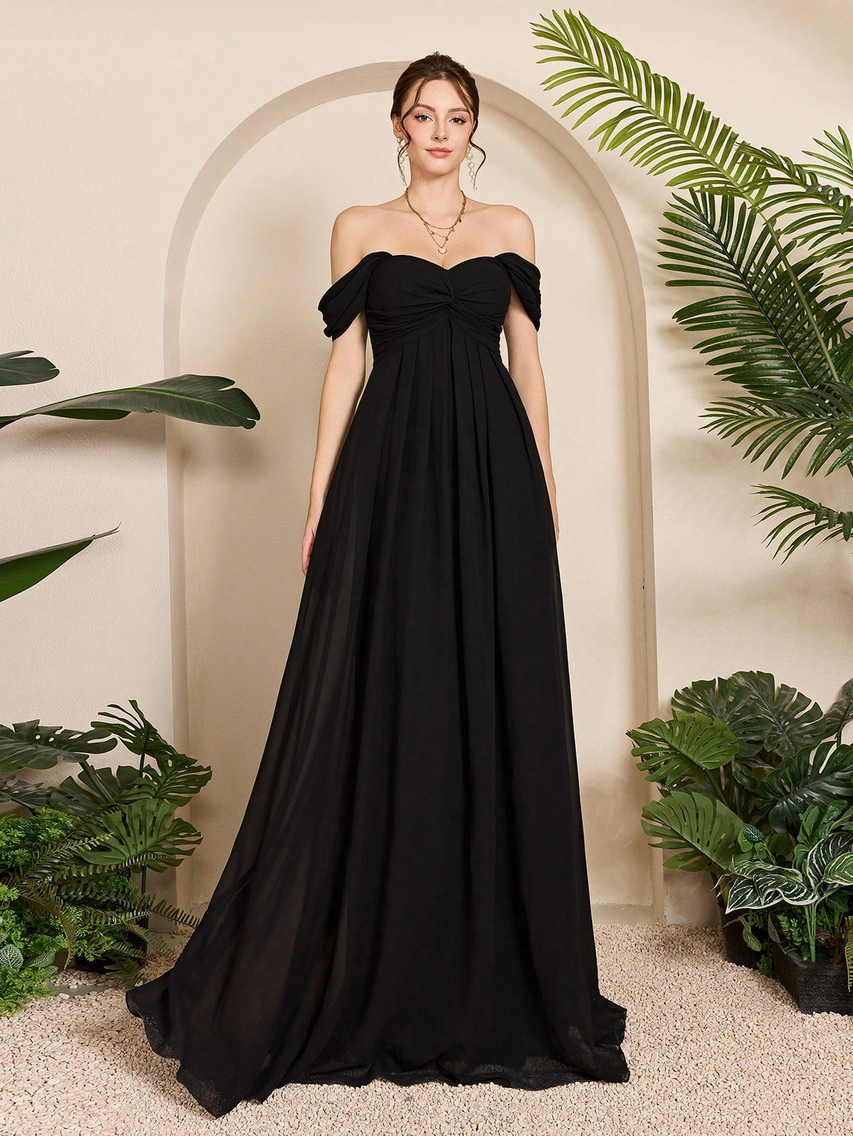 Women Elegant Black Fall Winter Off Shoulder Romantic Bridesmaid Gown, Ruched Ruffle Chiffon A-Line Length Maxi Dress For Wedding Dinner Party Prom