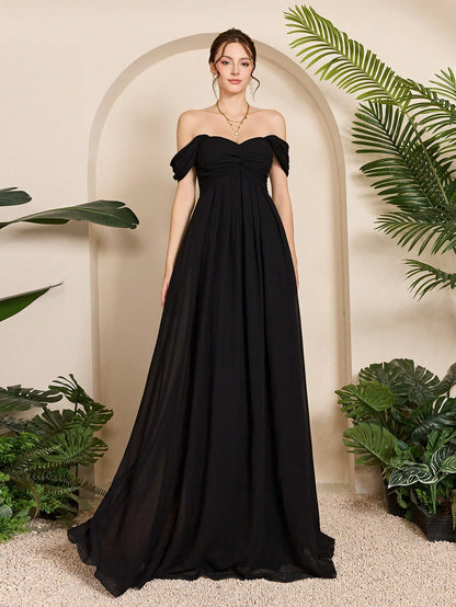 Women Elegant Black Fall Winter Off Shoulder Romantic Bridesmaid Gown, Ruched Ruffle Chiffon A-Line Length Maxi Dress For Wedding Dinner Party Prom