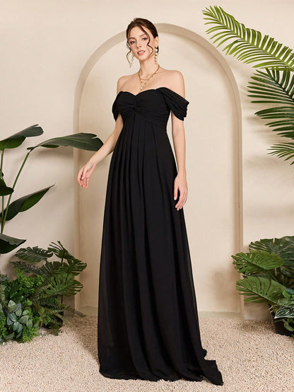 Women Elegant Black Fall Winter Off Shoulder Romantic Bridesmaid Gown, Ruched Ruffle Chiffon A-Line Length Maxi Dress For Wedding Dinner Party Prom