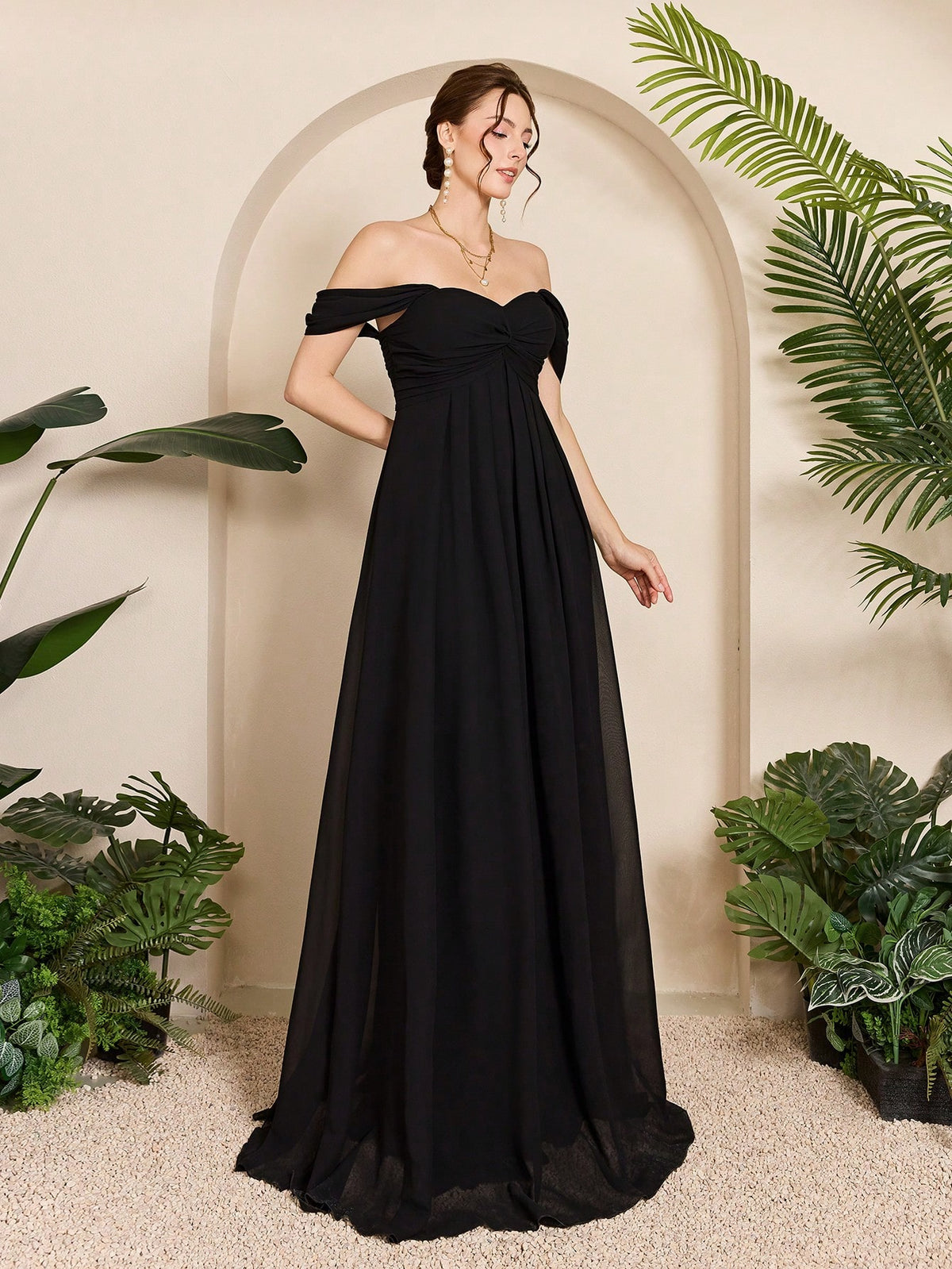 Women Elegant Black Fall Winter Off Shoulder Romantic Bridesmaid Gown, Ruched Ruffle Chiffon A-Line Length Maxi Dress For Wedding Dinner Party Prom