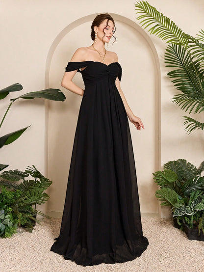 Women Elegant Black Fall Winter Off Shoulder Romantic Bridesmaid Gown, Ruched Ruffle Chiffon A-Line Length Maxi Dress For Wedding Dinner Party Prom