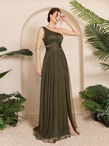 Asymmetrical Neck Draped Bust, Hollow Waist, High Slit A-Line Long Chiffon Dress, Bridesmaid Dress Wedding Spring