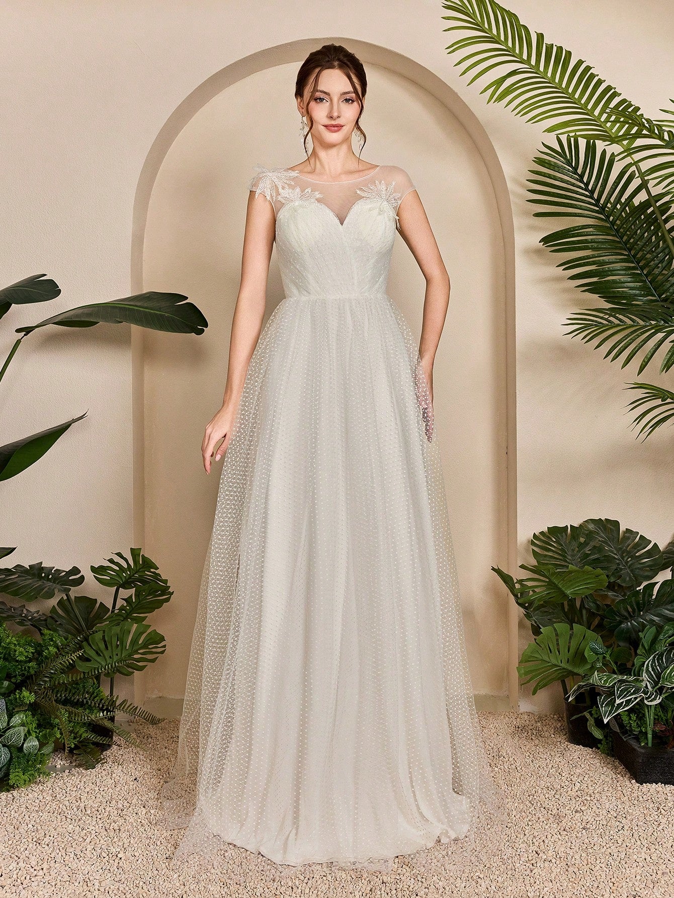 Sweetheart Sleeveless Shoulder Embroidery, Bust Pleated, Polka Dot Net Sateen A-Line Wedding Dress
