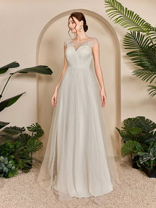 Sweetheart Sleeveless Shoulder Embroidery, Bust Pleated, Polka Dot Net Sateen A-Line Wedding Dress