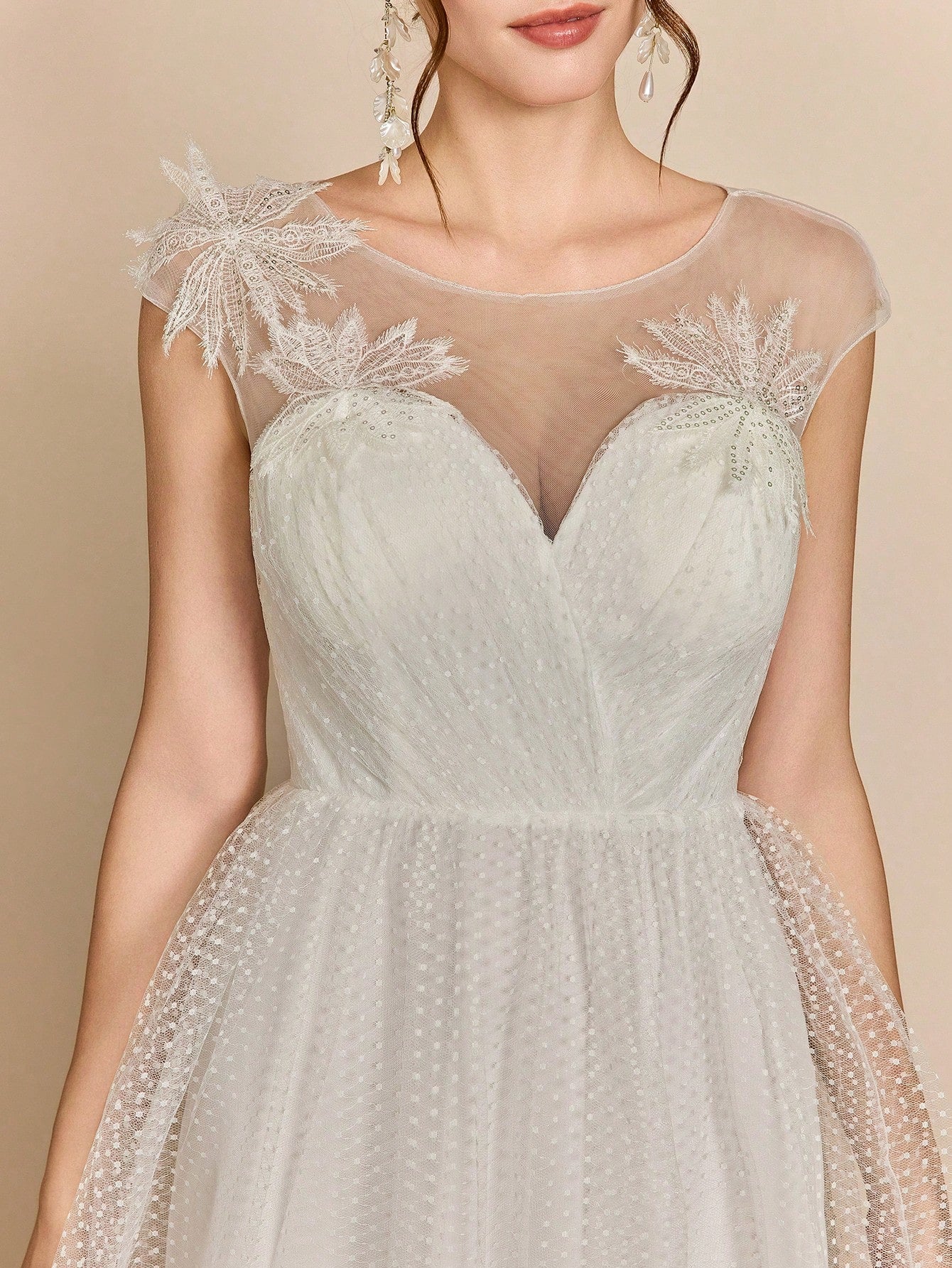 Sweetheart Sleeveless Shoulder Embroidery, Bust Pleated, Polka Dot Net Sateen A-Line Wedding Dress