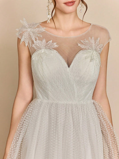 Sweetheart Sleeveless Shoulder Embroidery, Bust Pleated, Polka Dot Net Sateen A-Line Wedding Dress