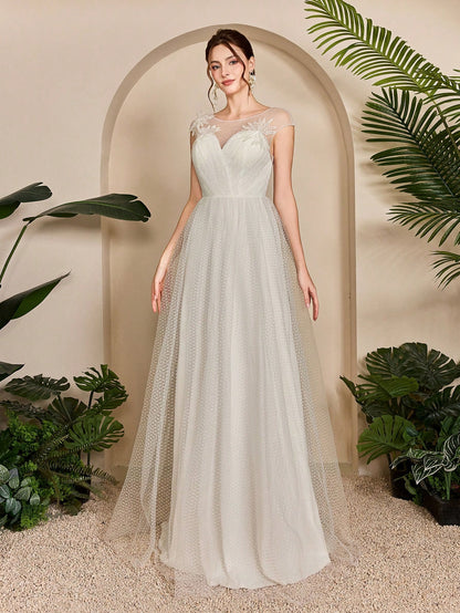 Sweetheart Sleeveless Shoulder Embroidery, Bust Pleated, Polka Dot Net Sateen A-Line Wedding Dress