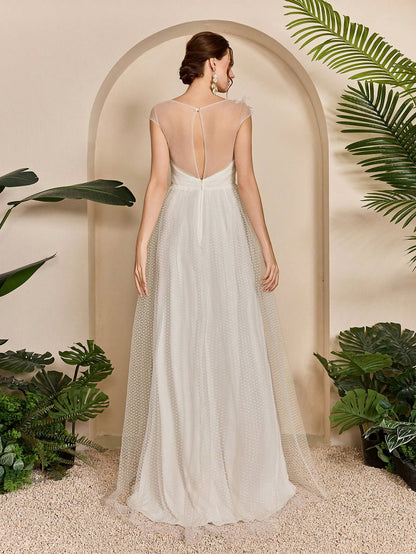 Sweetheart Sleeveless Shoulder Embroidery, Bust Pleated, Polka Dot Net Sateen A-Line Wedding Dress