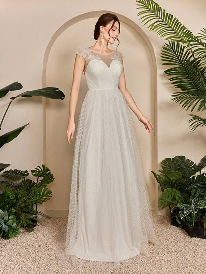 Sweetheart Sleeveless Shoulder Embroidery, Bust Pleated, Polka Dot Net Sateen A-Line Wedding Dress